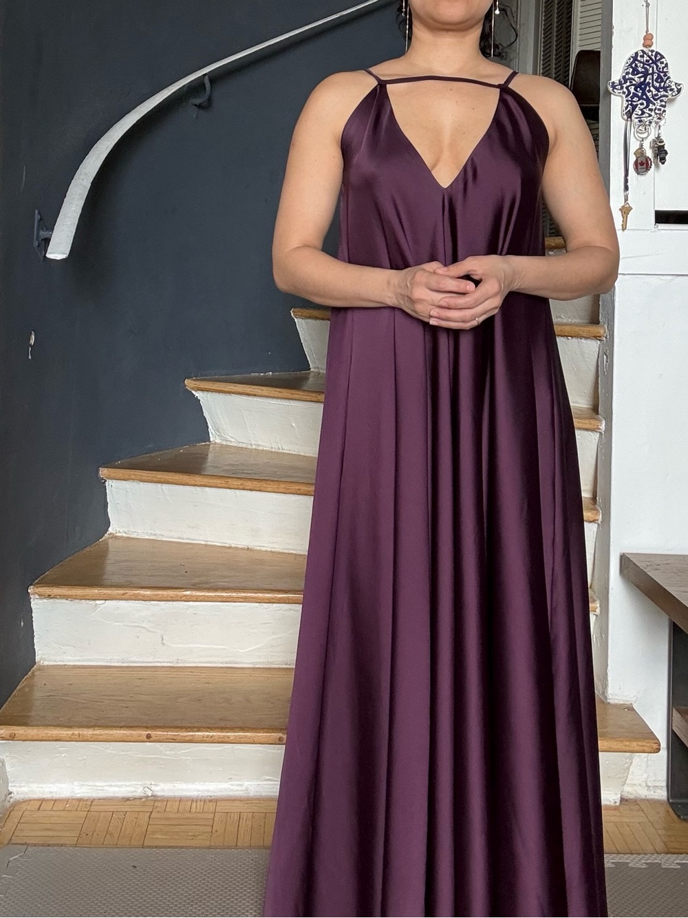 🇧🇷 Plum Satin Maxi Dress with Strappy V-Neck Custom made in Brazil Size S/M